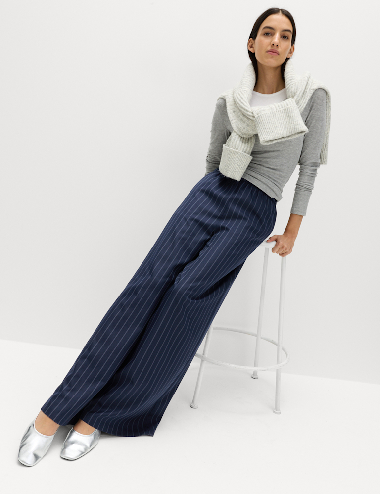 Pinstripe Elasticated Waist Wide Leg Trousers Pinstripe Elasticated Waist Wide Leg Trousers