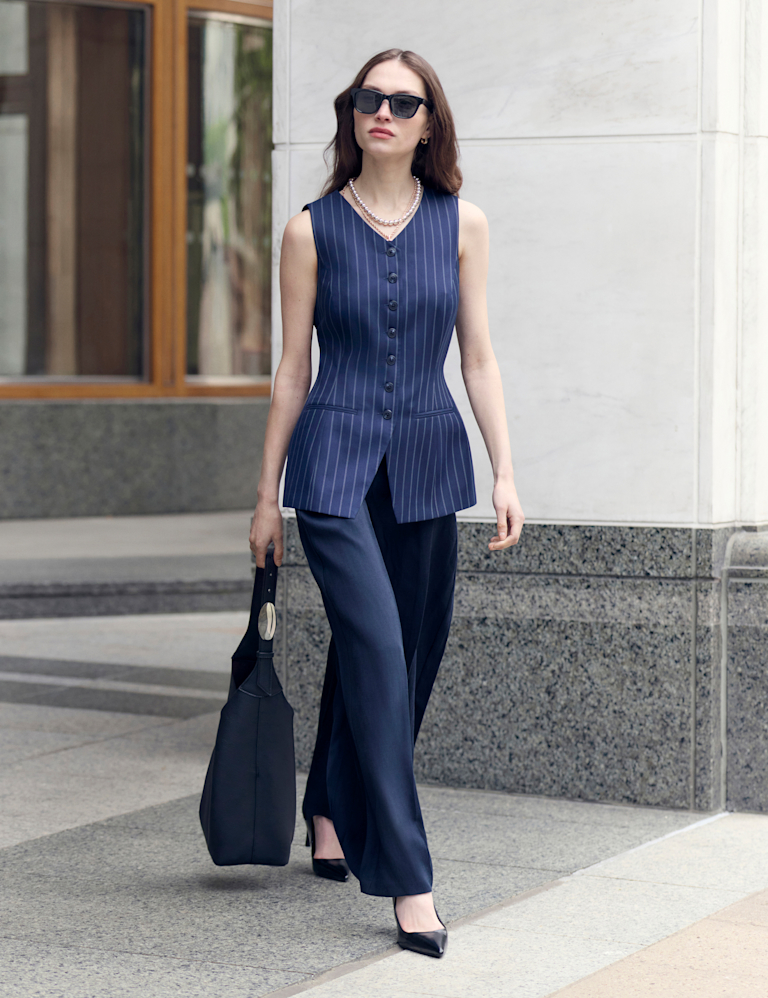 Tailored Pinstripe Cinched Waist Longline Waistcoat