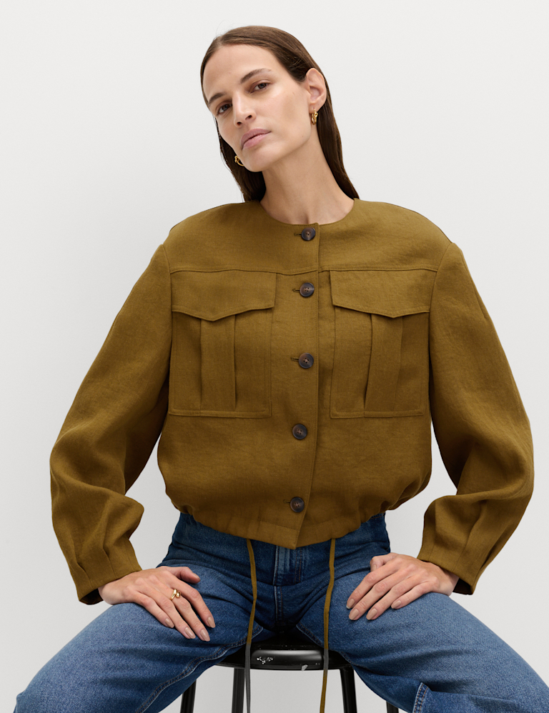 Collarless Utility Jacket With Linen Collarless Utility Jacket With Linen
