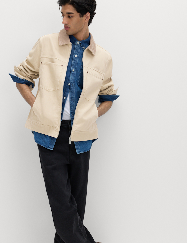 Pure Cotton Contrast Collar Denim Trucker