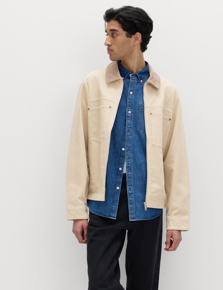 Pure Cotton Contrast Collar Denim Trucker