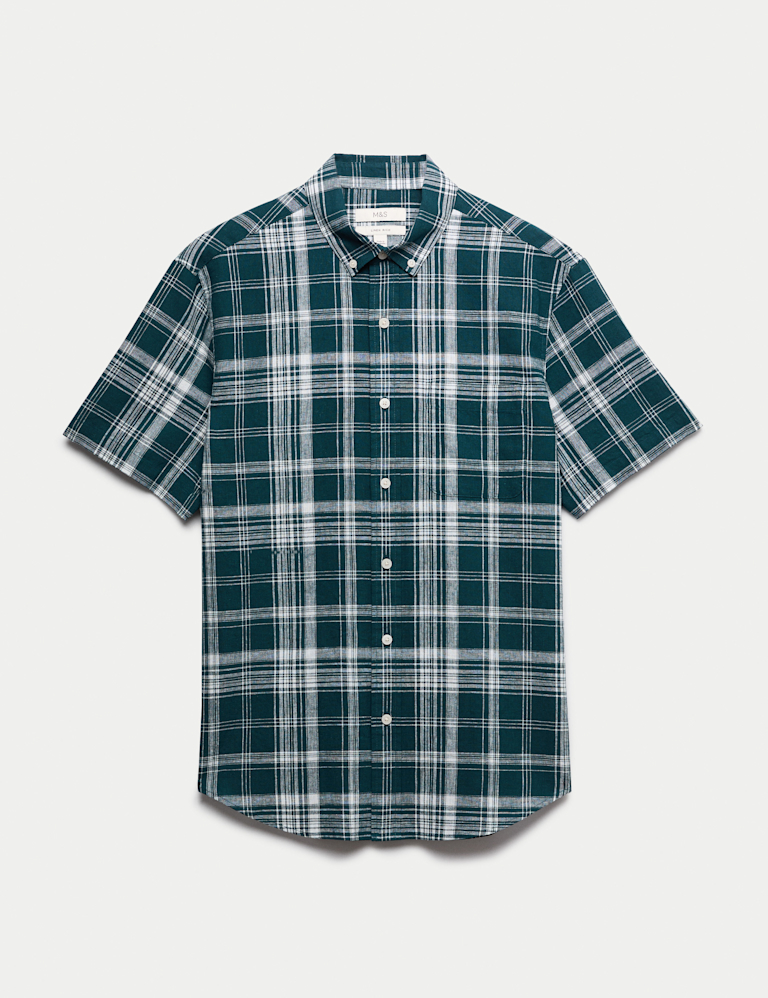 Cotton Linen Blend Check Short Sleeve Shirt