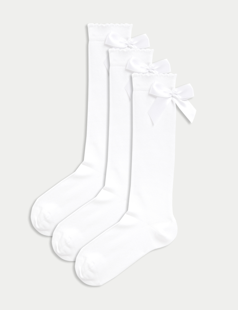 3p Cotton Rich Picot Knee High Bow Socks (6-8½ Small – 4-7 Large)