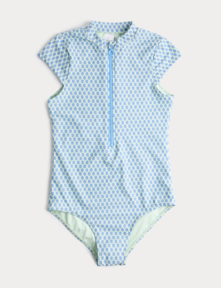 Printed Zip Through Cap Sleeve Swimsuit (6-16 Yrs) Printed Zip Through Cap Sleeve Swimsuit (6-16 Yrs)