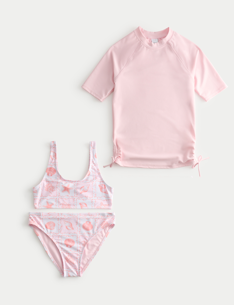 3 Piece Shell Print Bikini and Rash Vest (6-16 Yrs)