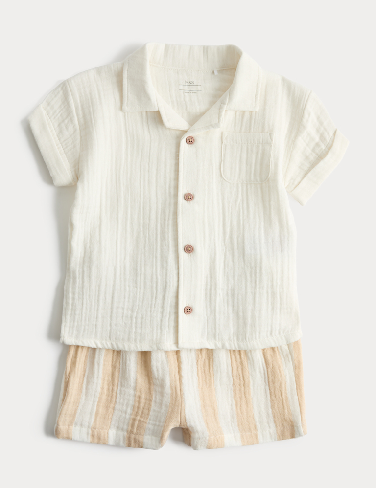 2 Piece Double Cloth Shirt and Striped Shorts Outfit (0-5 Yrs) 2 Piece Double Cloth Shirt and Striped Shorts Outfit (0-5 Yrs)