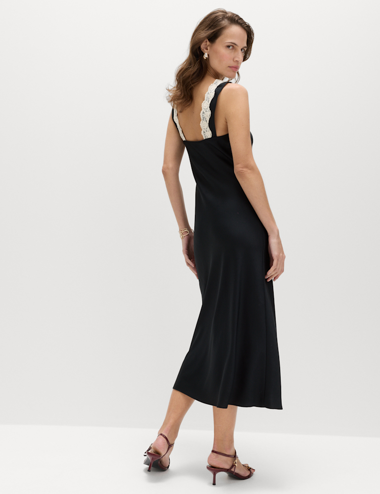 Satin V-Neck Lace Insert Midi Slip Dress