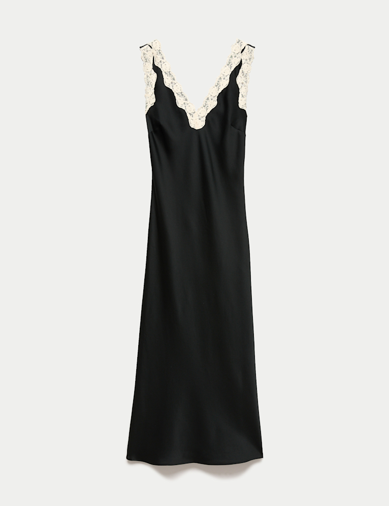 Satin V-Neck Lace Insert Midi Slip Dress