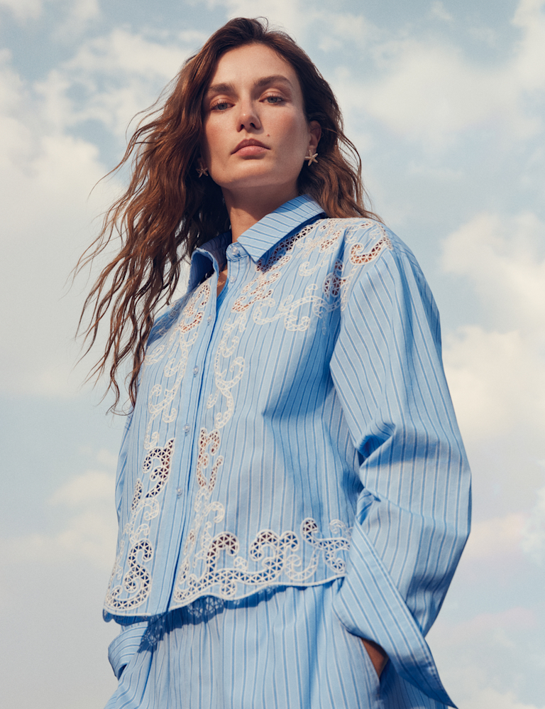 Pure Cotton Embroidered Striped Shirt Pure Cotton Embroidered Striped Shirt