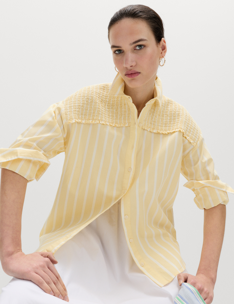 Pure Cotton Shirred Striped Shirt Pure Cotton Shirred Striped Shirt