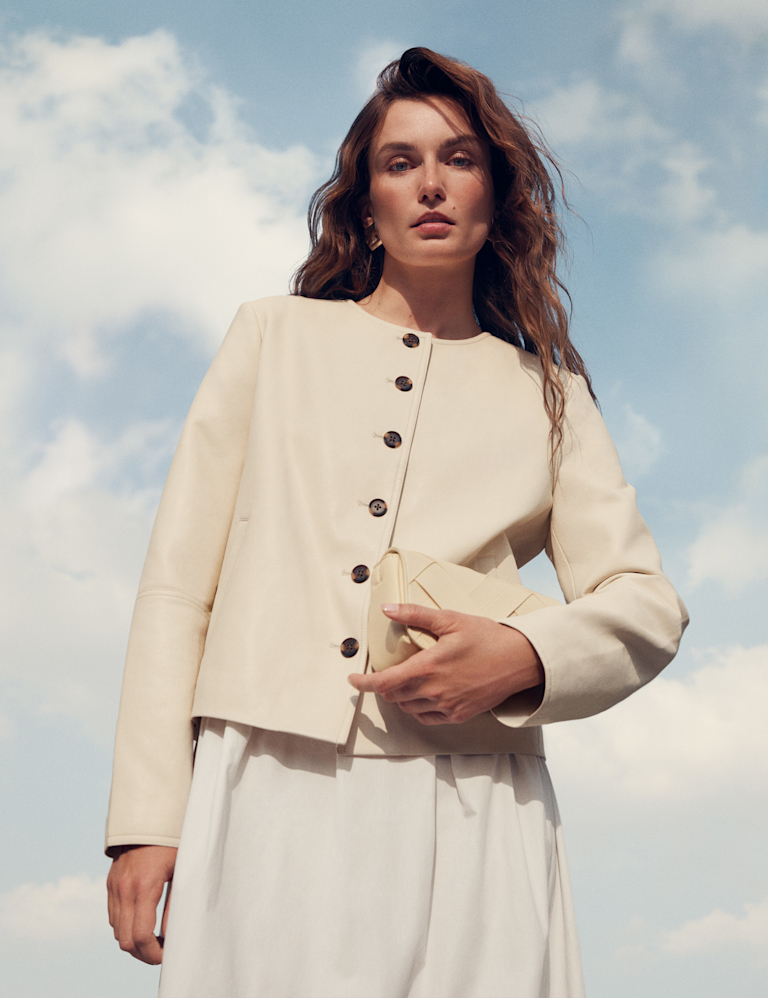 Faux Leather Collarless Jacket
