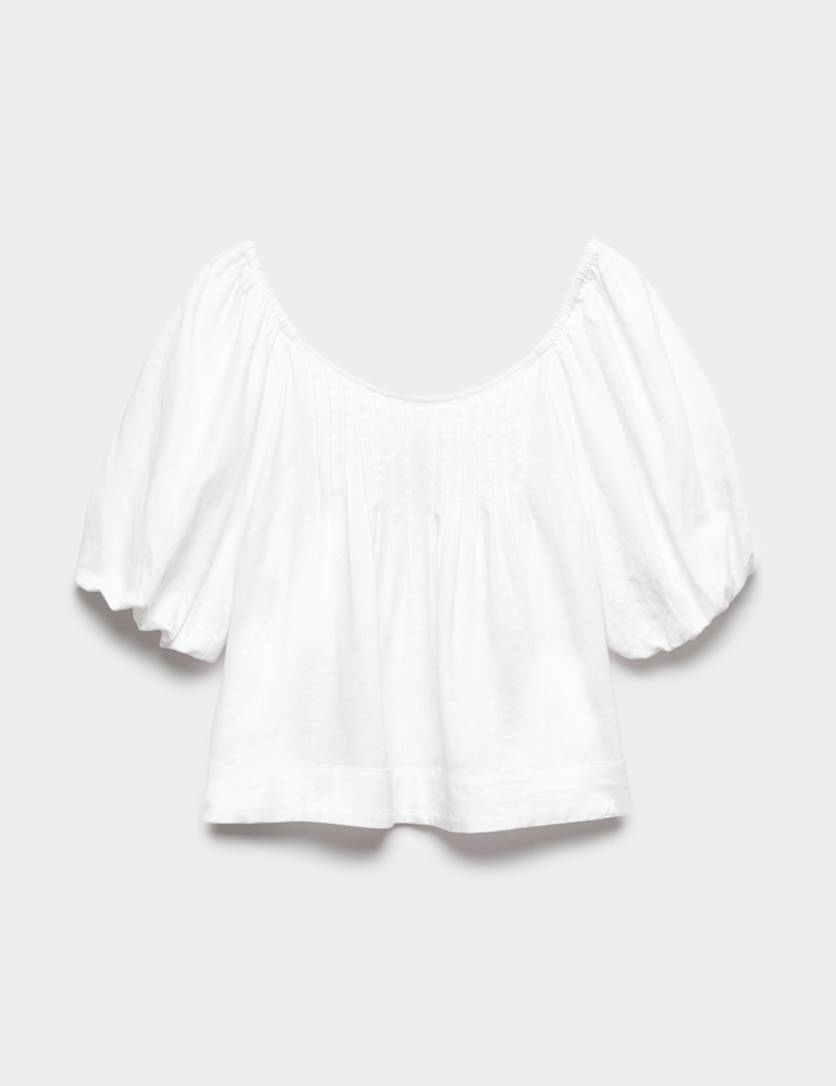 Linen Rich Pleated Puff Sleeve Top