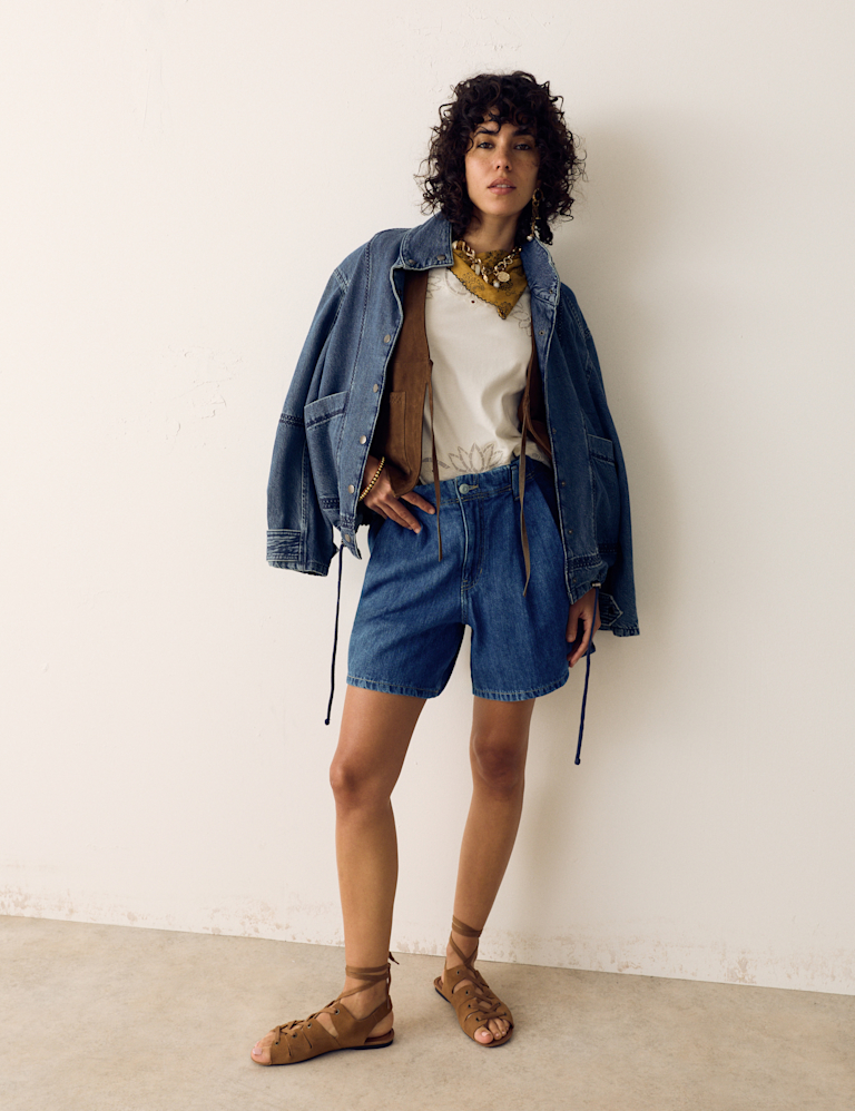 Pleat Front Denim Shorts