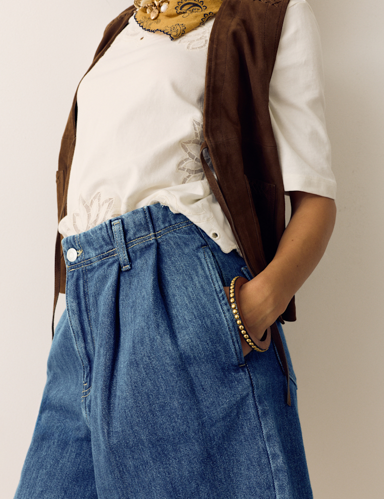 Pleat Front Denim Shorts