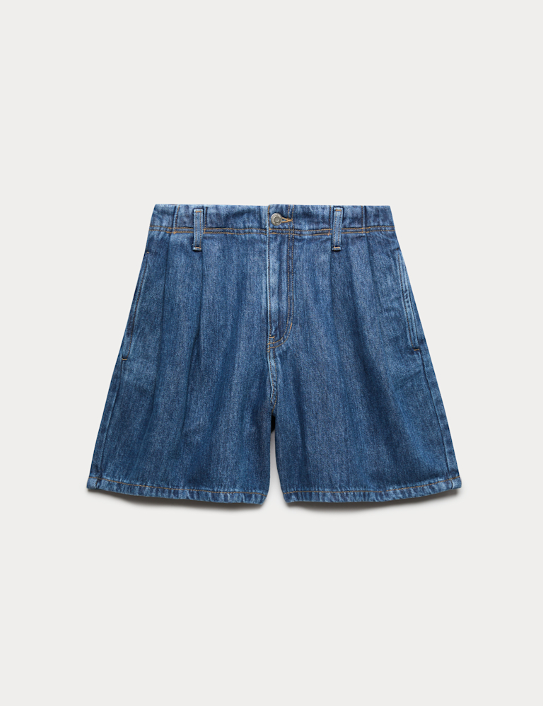 Pleat Front Denim Shorts