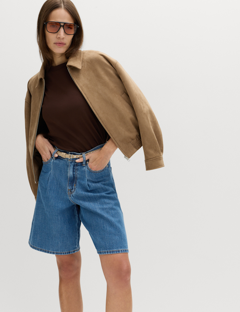 Denim Pleat Front Wide Shorts