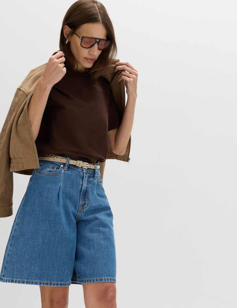 Denim Pleat Front Wide Shorts