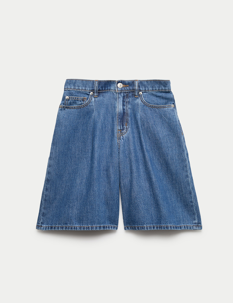 Denim Pleat Front Wide Shorts