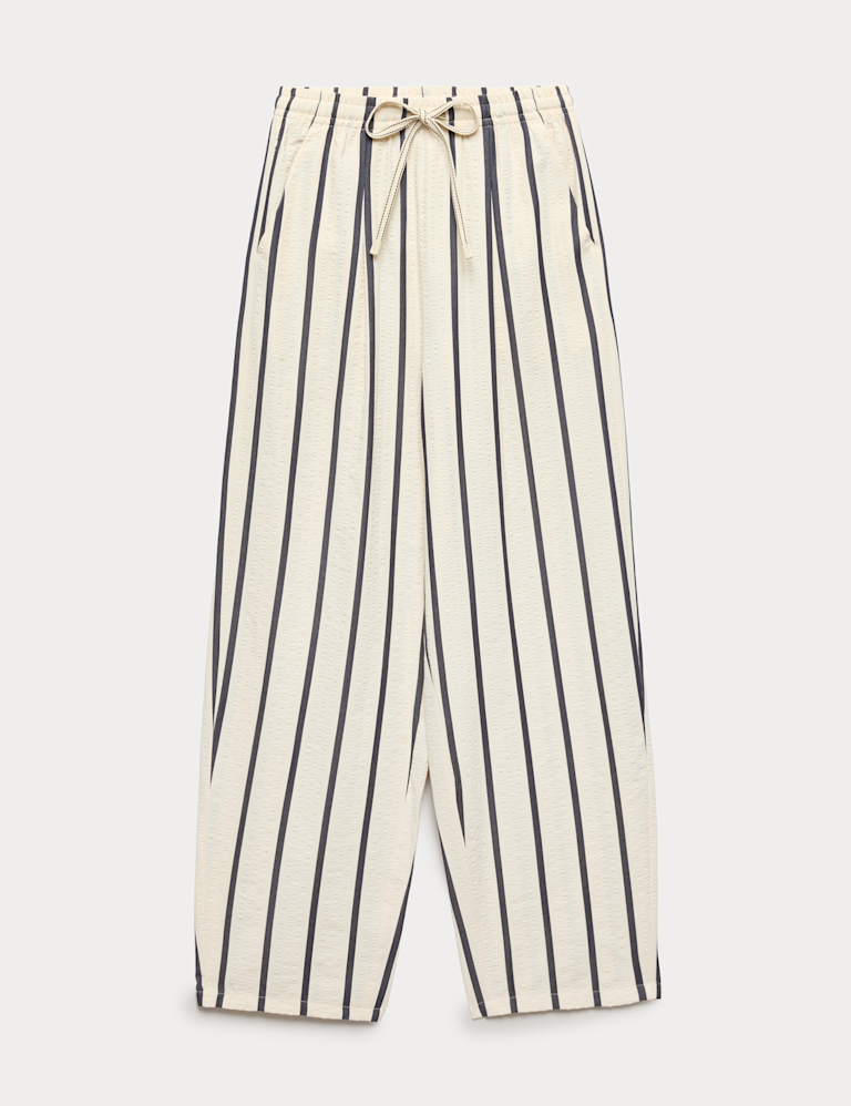 Seersucker Striped Barrel Leg Trousers