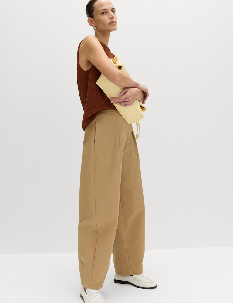 Cotton Rich Belted Barrel Leg Trousers