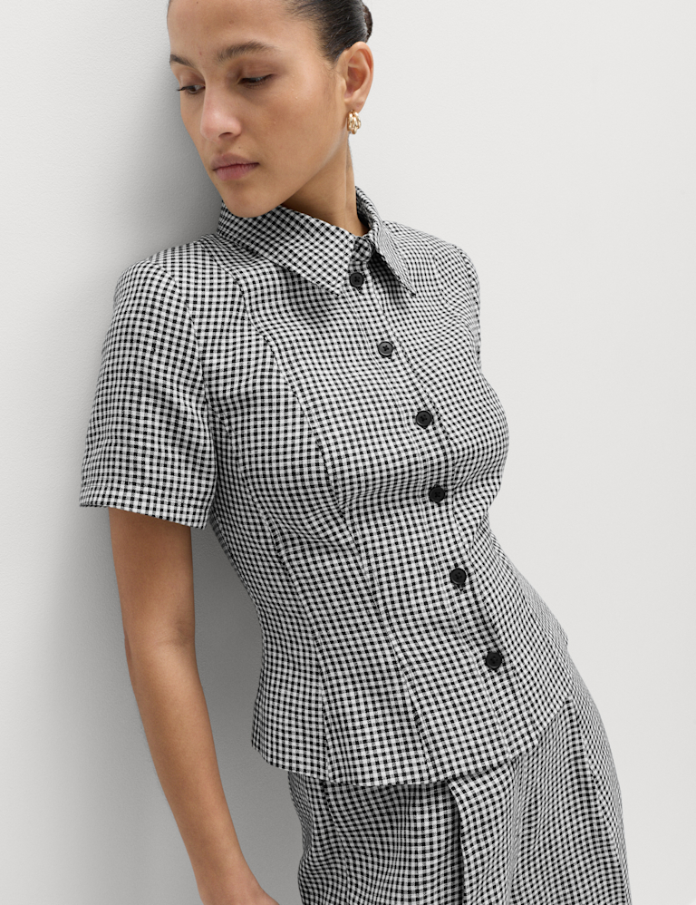 Pure Linen Tailored Checked Collared Jacket Pure Linen Tailored Checked Collared Jacket