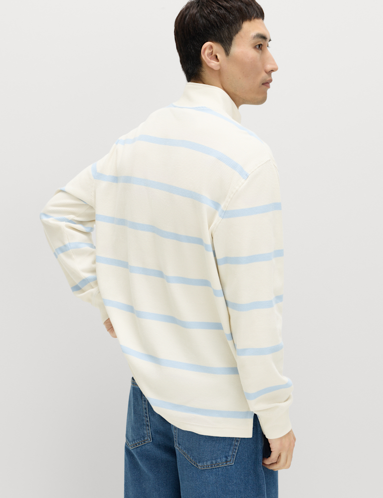Cotton Rich Waffle Striped Half Zip Sweatshirt