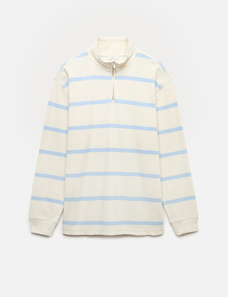 Cotton Rich Waffle Striped Half Zip Sweatshirt