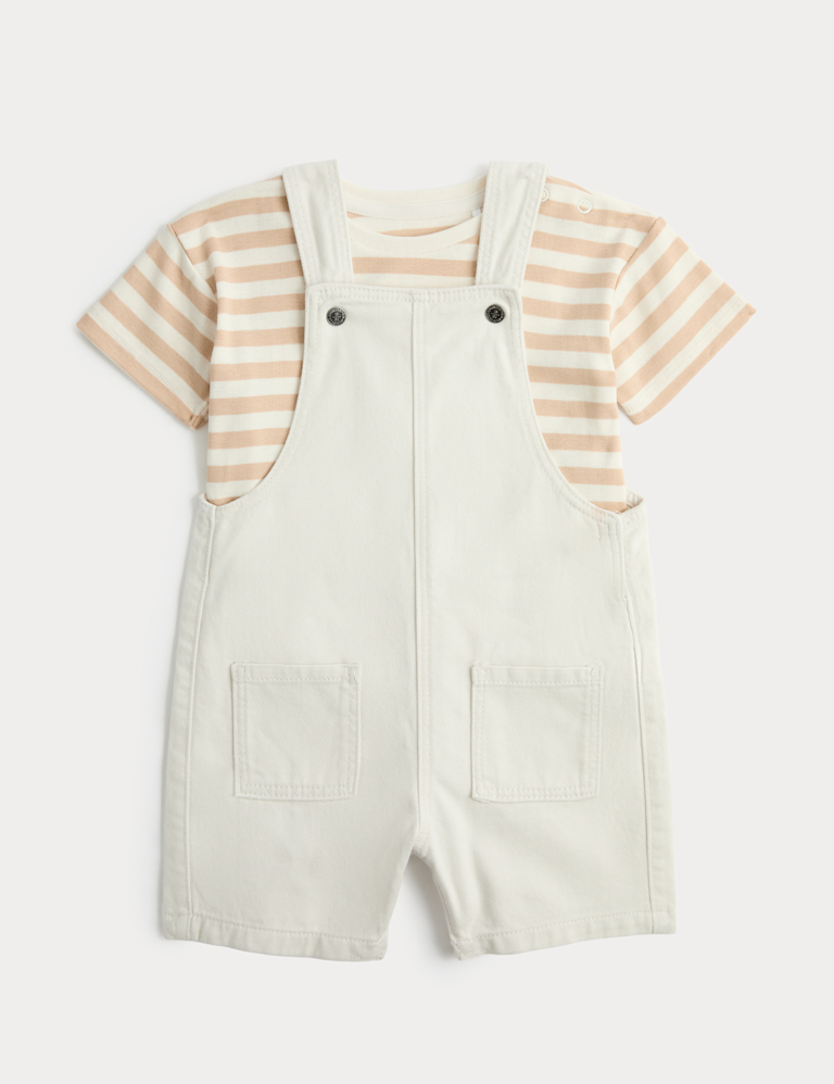 Ecru Denim Dungarees & Striped Tee Outfit (0-3 Yrs) Ecru Denim Dungarees & Striped Tee Outfit (0-3 Yrs)